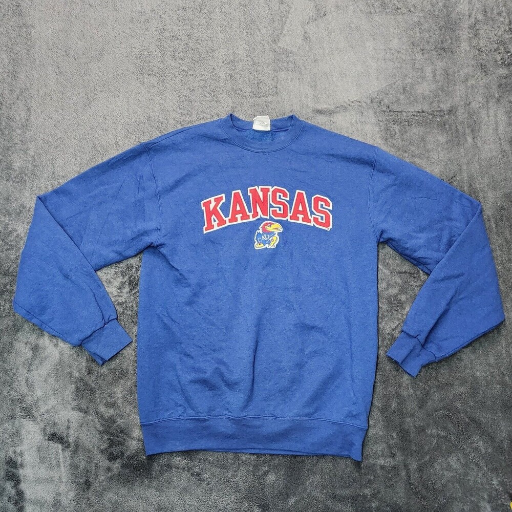 Kansas Jayhawks Sweatshirt Men's Blue Spell Out Embroidered NCAA Size M